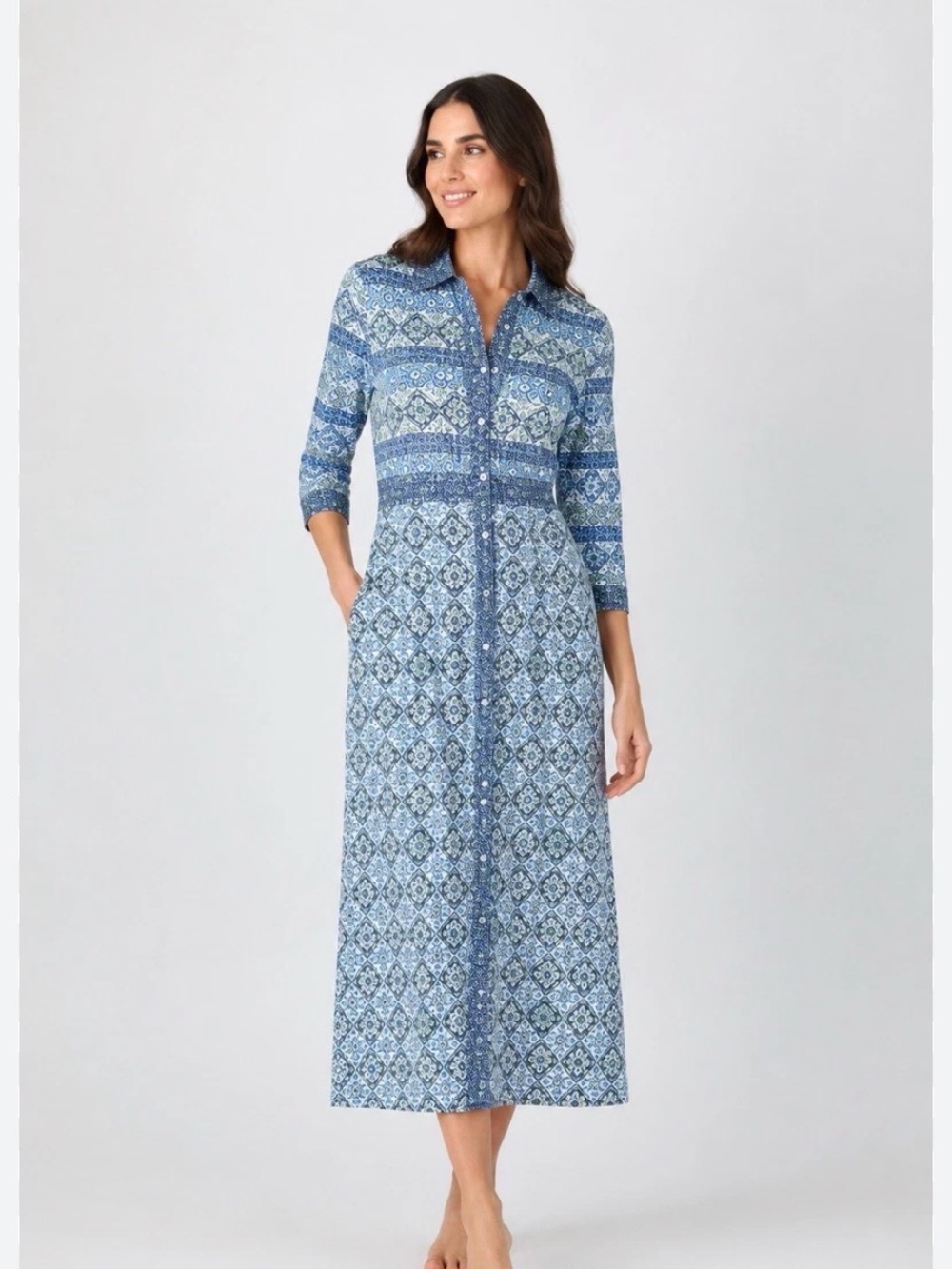 J McLaughlin Blue Patterned Button-Front Maxi Shirt Dress - Picture 1 of 4